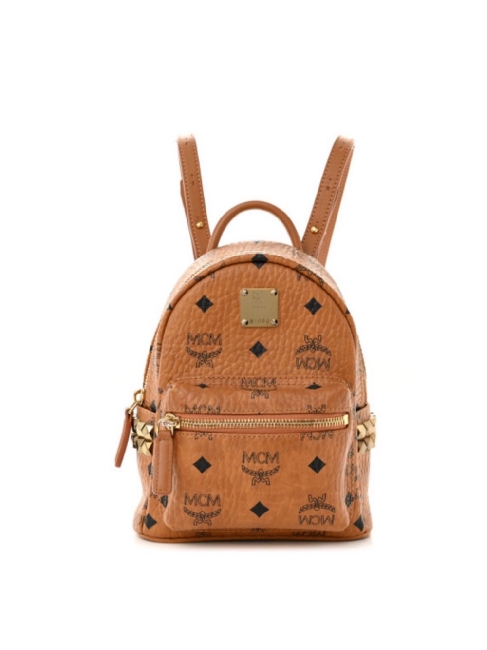 MCM Cognac Visetos Mini backpack with gold hardware